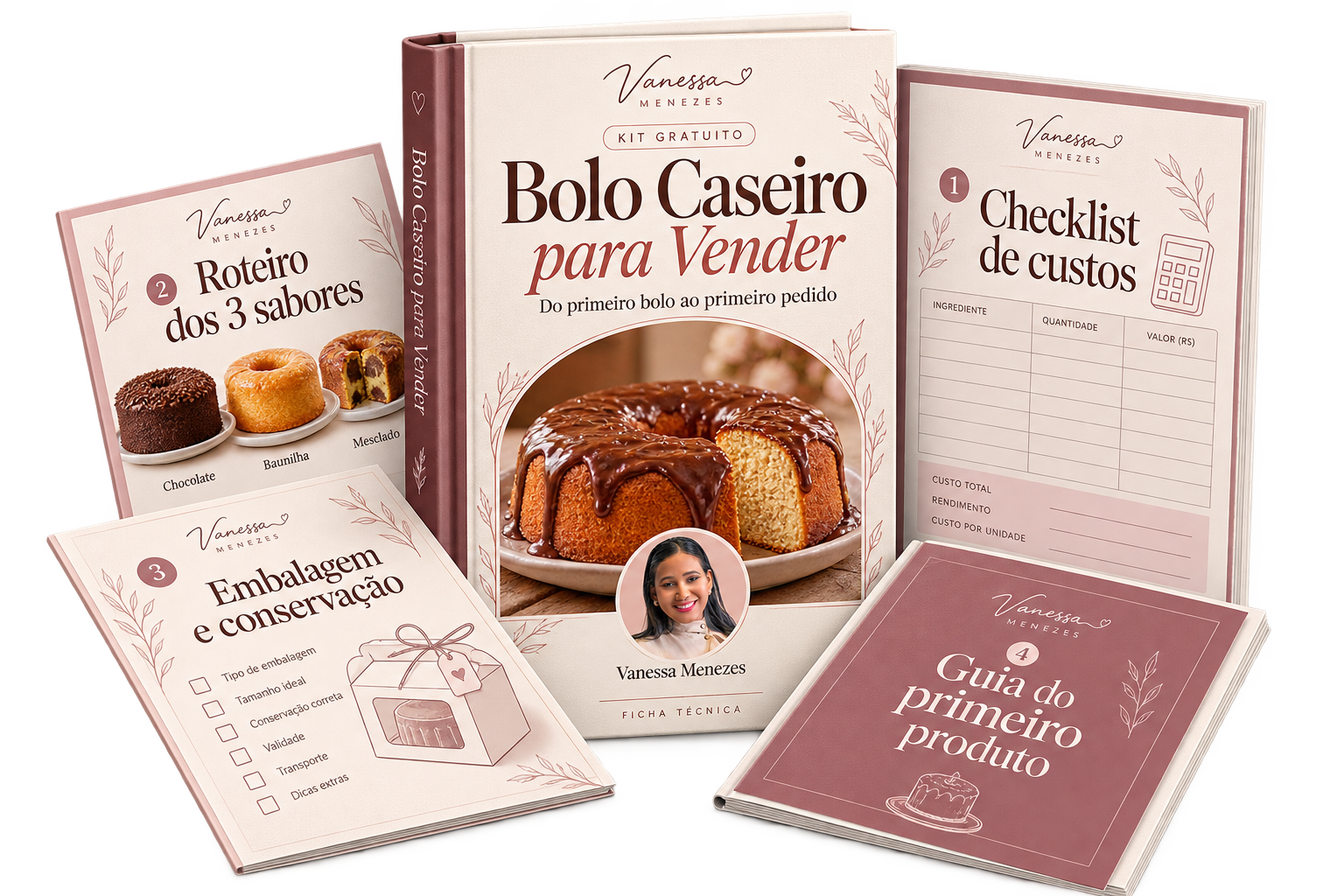 Mockup do Kit Bolo Caseiro para Vender da Vanessa Menezes, com ficha técnica, checklist de custos, roteiro dos três sabores, embalagem e conservação e guia do primeiro produto