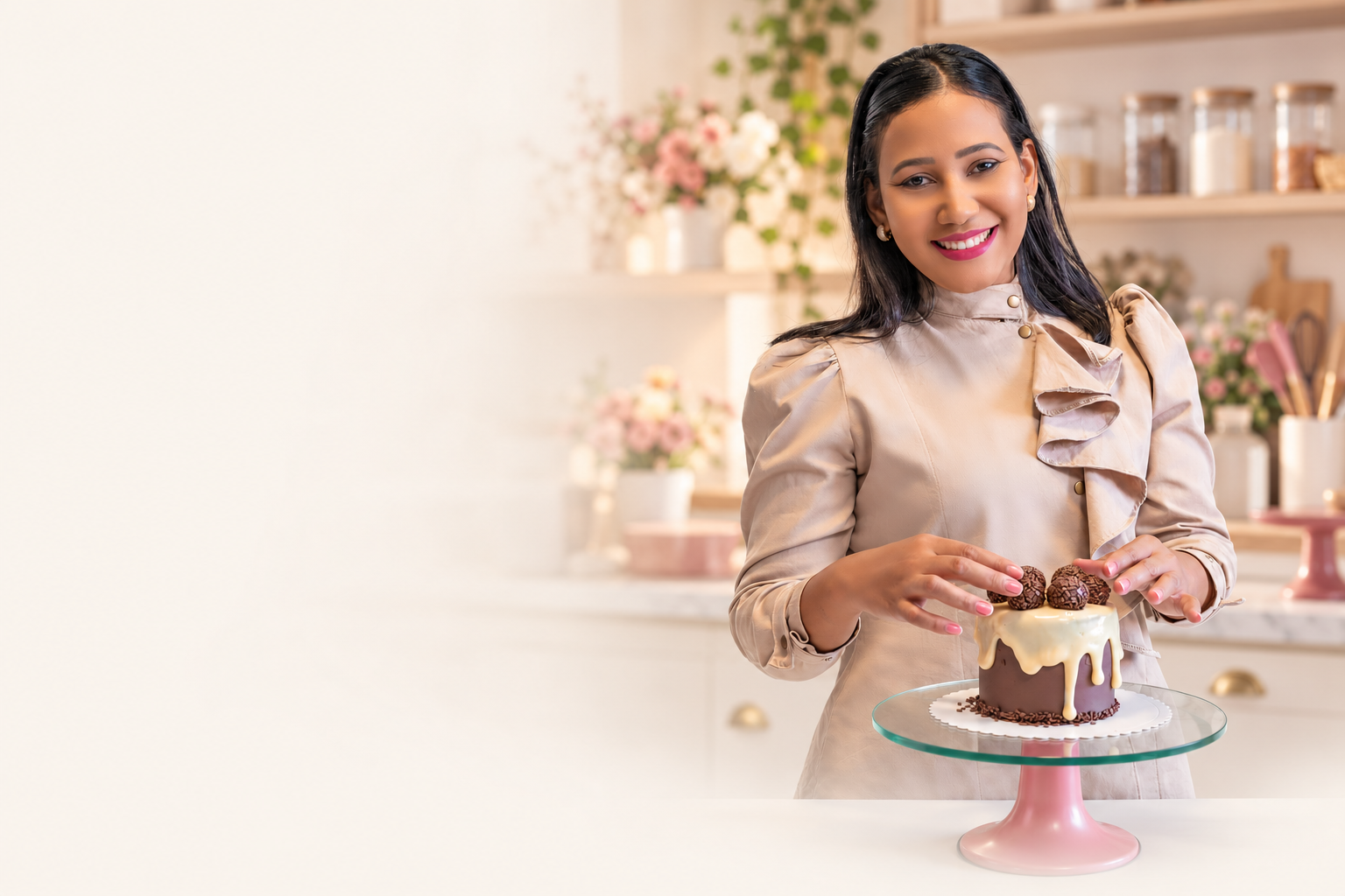 Vanessa Menezes preparando um bolo em sua confeitaria